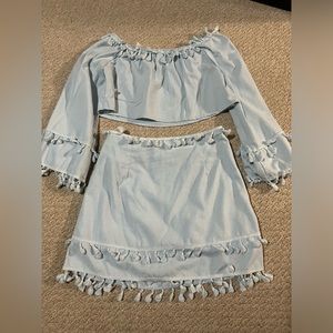 SHEIN Women's 2 Piece Fringe Trim Bell Sleeve Crop Top Skirt Set Small Blue